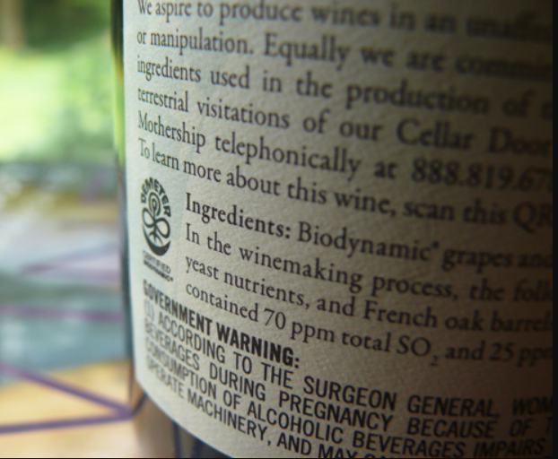 Close up of a wine label and ingredients list
