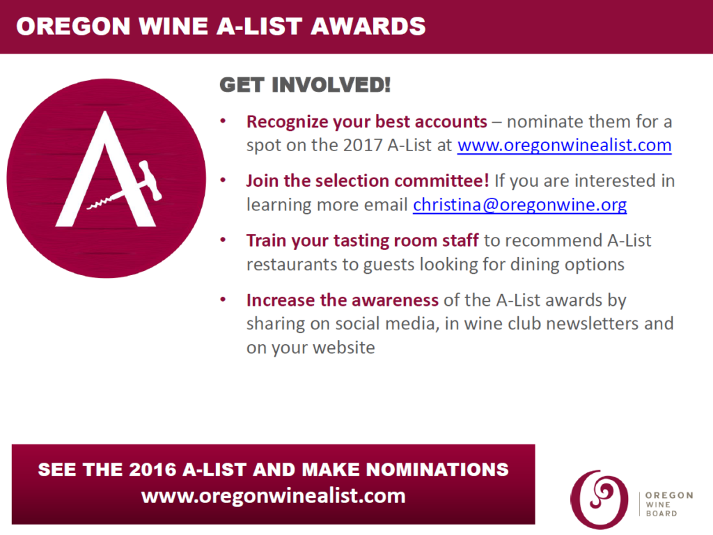 Oregon Wine A-List Awards Get Involved
