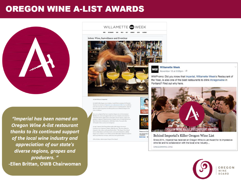 Oregon Wine A-List Awards Imperial Example