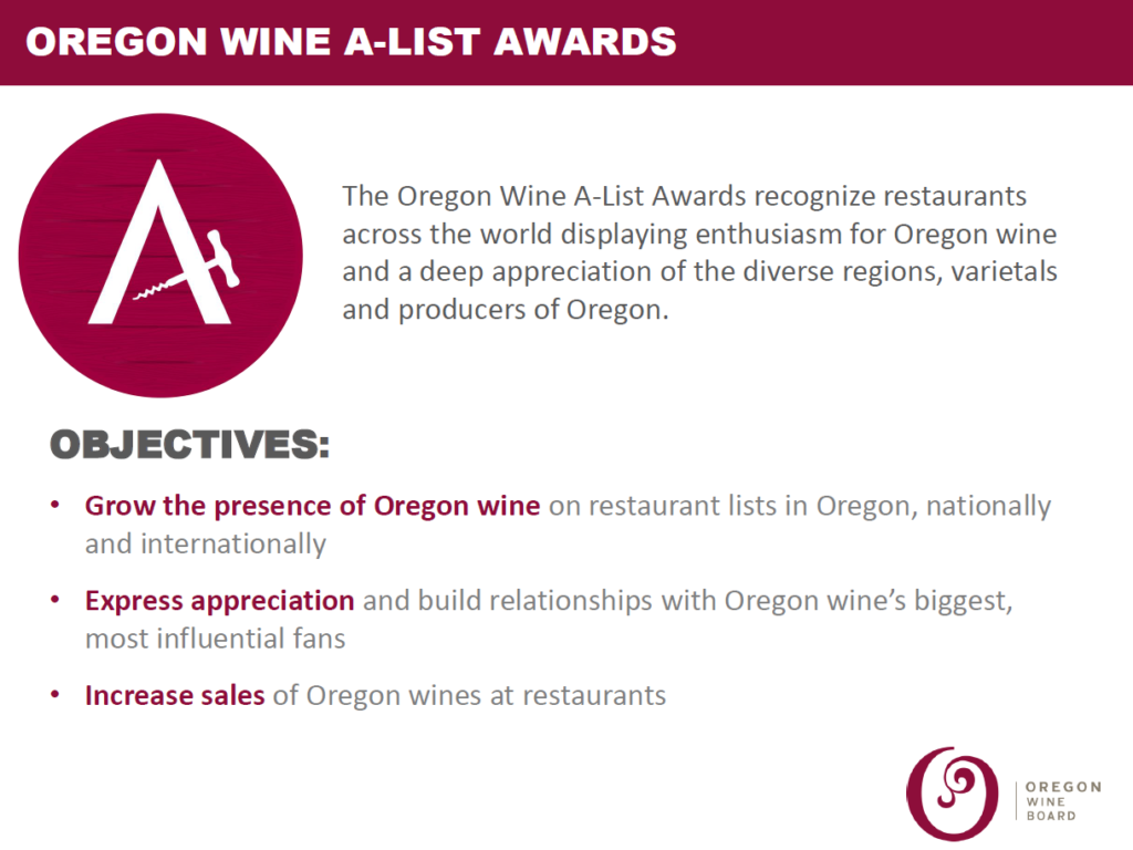 Oregon Wine A-List Awards Objectives